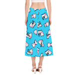 Cute Cartoon Baby Cow Pattern Print Side Slit Midi Skirt
