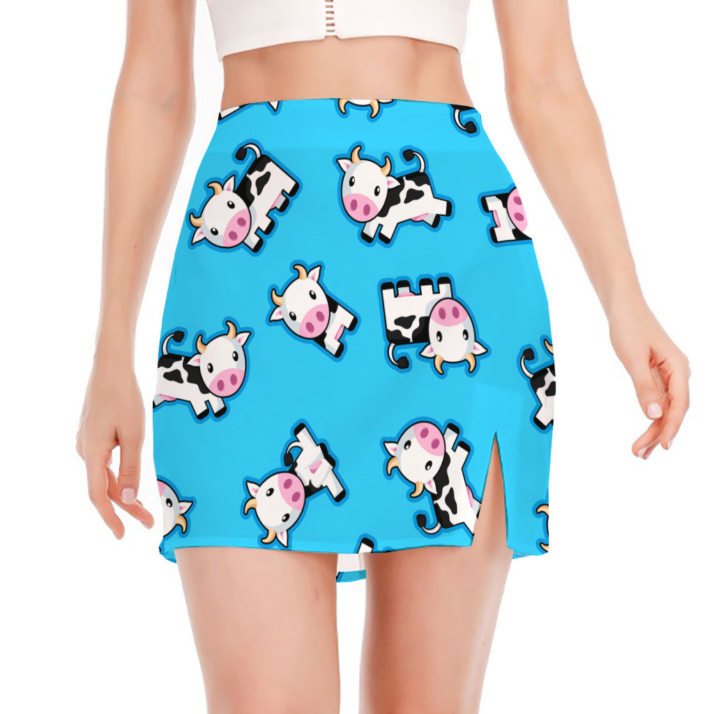 Cute Cartoon Baby Cow Pattern Print Side Slit Mini Skirt