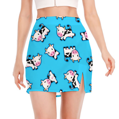 Cute Cartoon Baby Cow Pattern Print Side Slit Mini Skirt