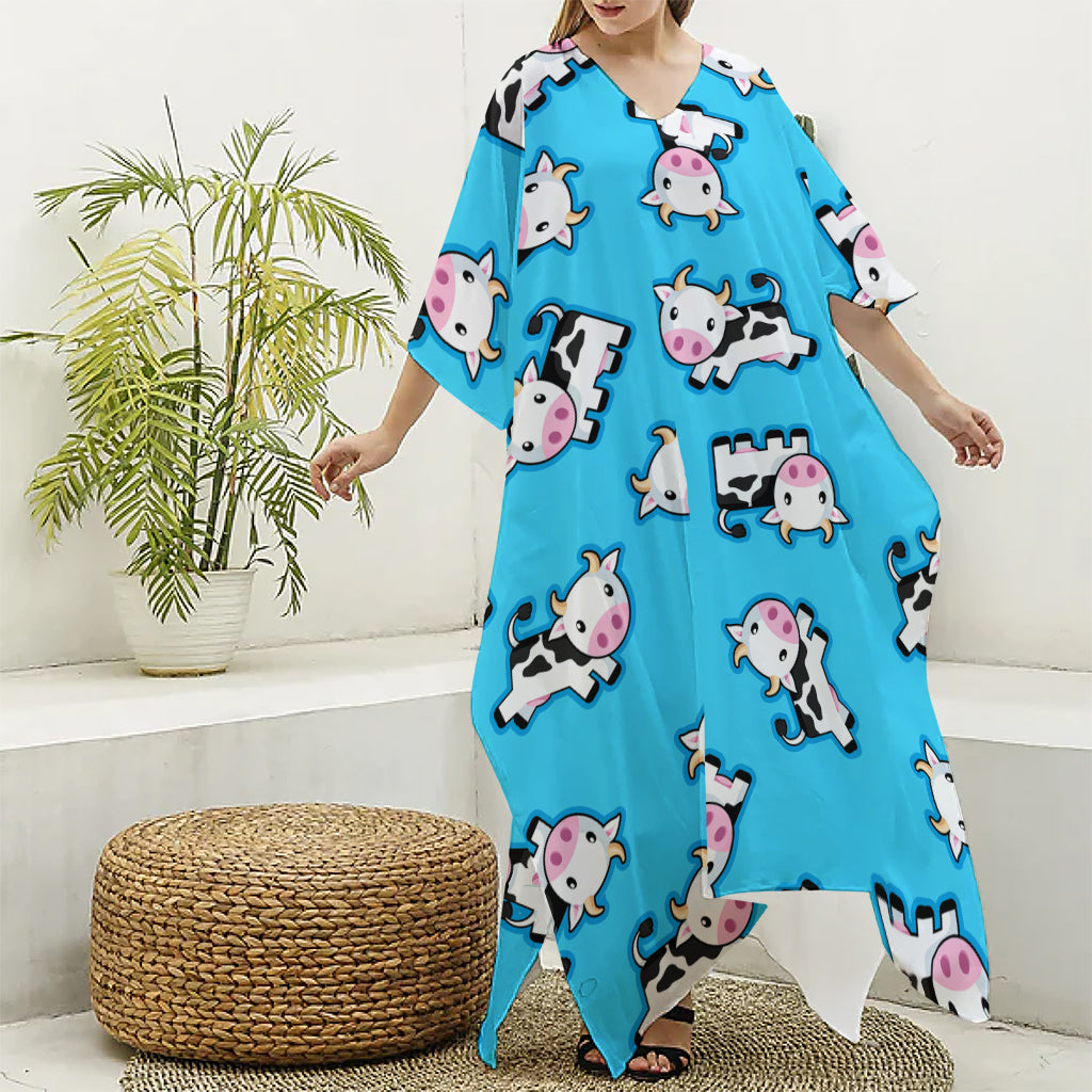 Cute Cartoon Baby Cow Pattern Print Silk V-Neck Kaftan Dress