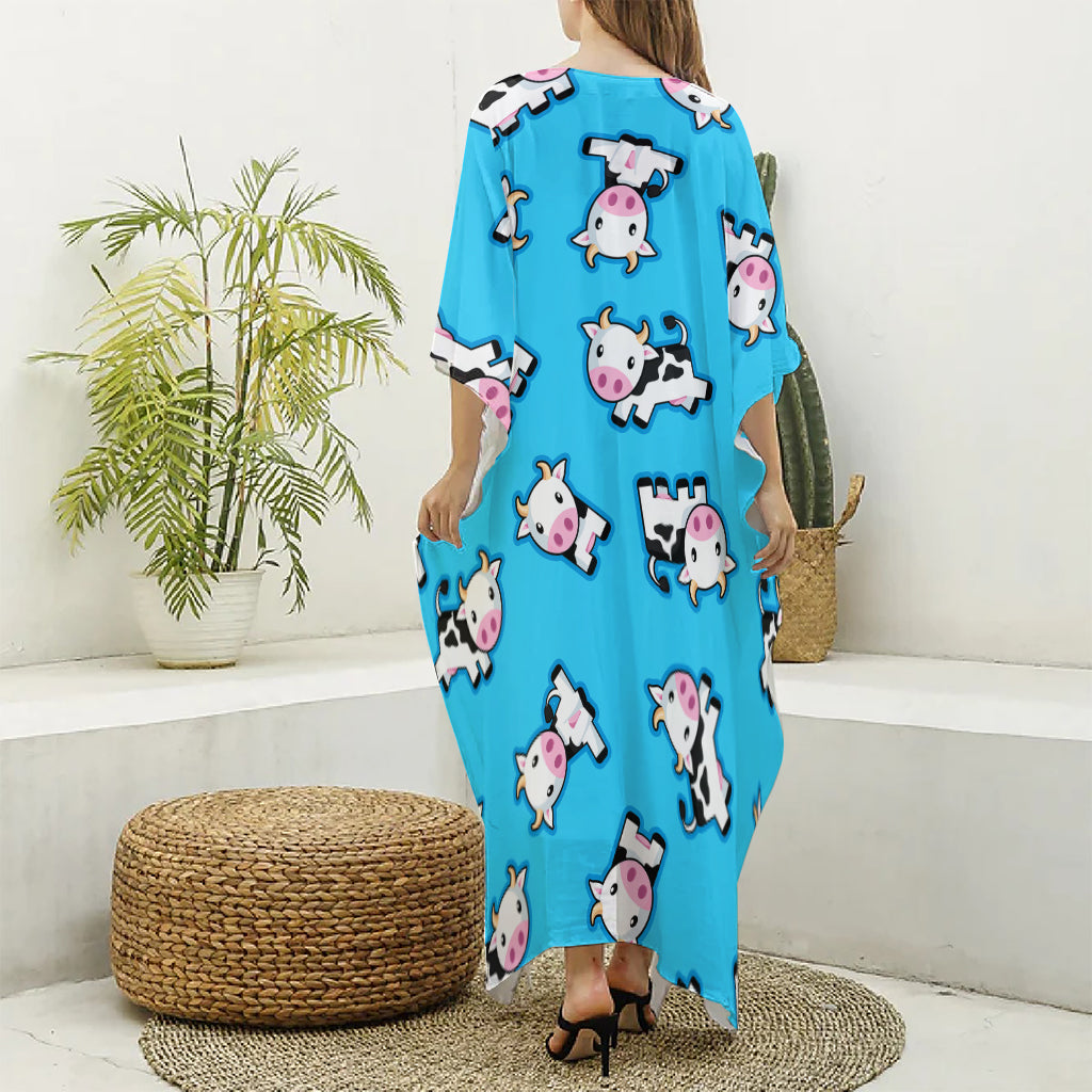 Cute Cartoon Baby Cow Pattern Print Silk V-Neck Kaftan Dress