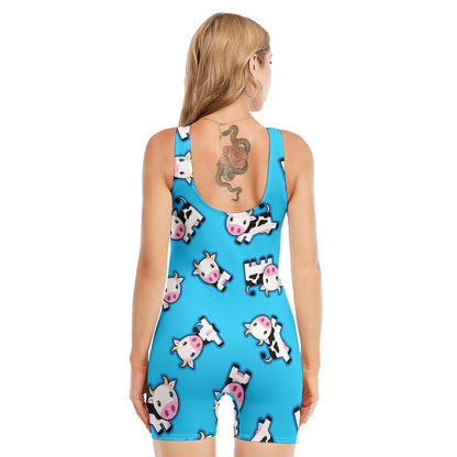Cute Cartoon Baby Cow Pattern Print Sleeveless One Piece Swimsuit