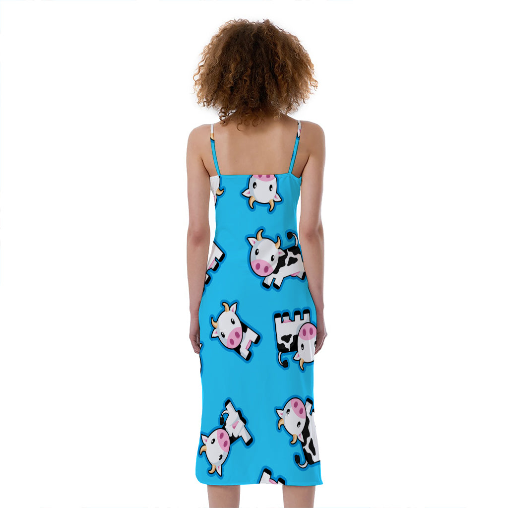 Cute Cartoon Baby Cow Pattern Print Slim Fit Midi Cami Dress