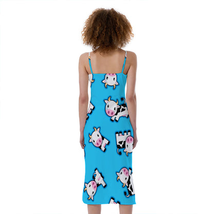 Cute Cartoon Baby Cow Pattern Print Slim Fit Midi Cami Dress