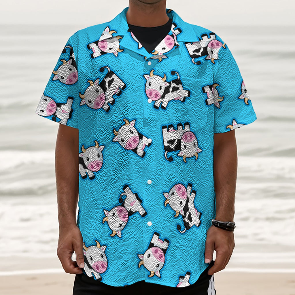 Cute Cartoon Baby Cow Pattern Print Textured Short Sleeve Shirt