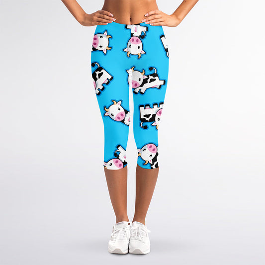 Cute Cartoon Baby Cow Pattern Print Women's Capri Leggings