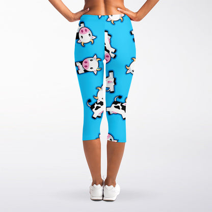 Cute Cartoon Baby Cow Pattern Print Women's Capri Leggings
