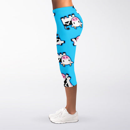 Cute Cartoon Baby Cow Pattern Print Women's Capri Leggings