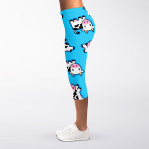 Cute Cartoon Baby Cow Pattern Print Women's Capri Leggings