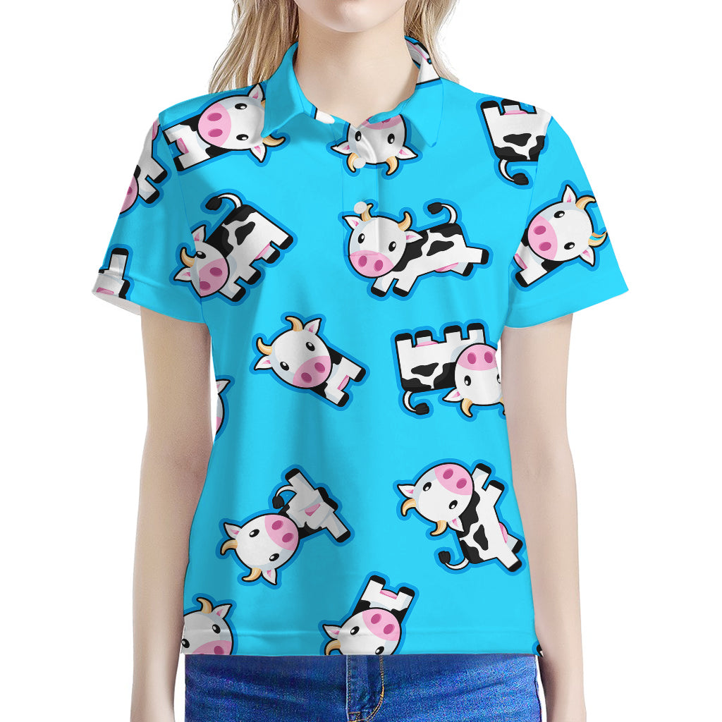 Cute Cartoon Baby Cow Pattern Print Women's Polo Shirt