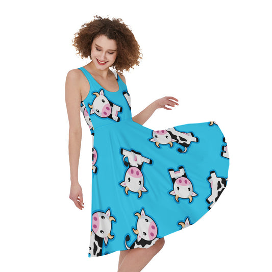 Cute Cartoon Baby Cow Pattern Print Women's Sleeveless Dress