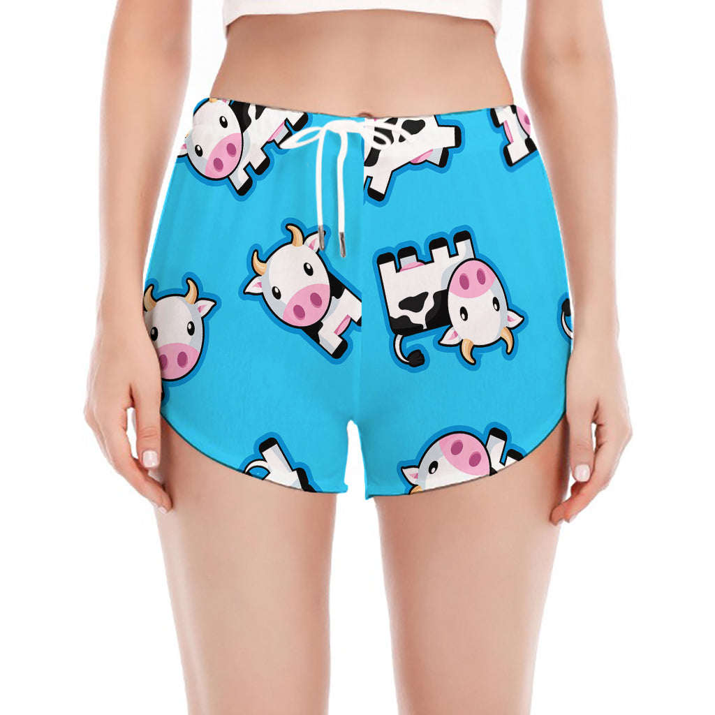 Cute Cartoon Baby Cow Pattern Print Women's Split Running Shorts