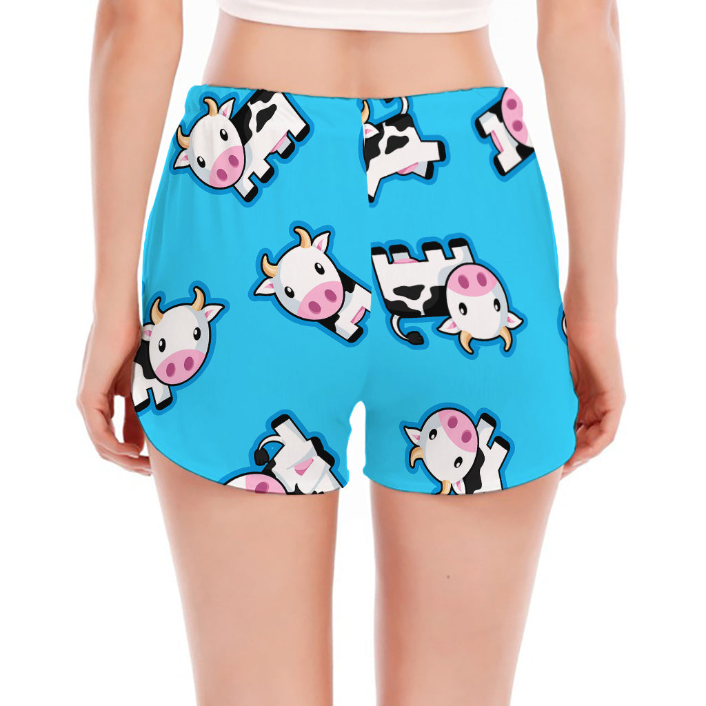 Cute Cartoon Baby Cow Pattern Print Women's Split Running Shorts