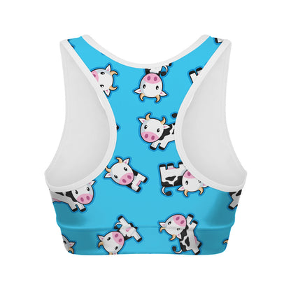 Cute Cartoon Baby Cow Pattern Print Women's Sports Bra
