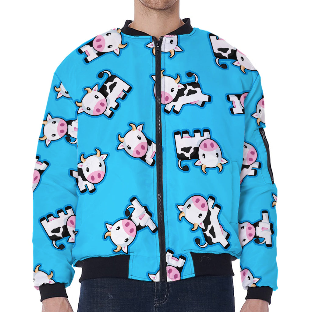 Cute Cartoon Baby Cow Pattern Print Zip Sleeve Bomber Jacket