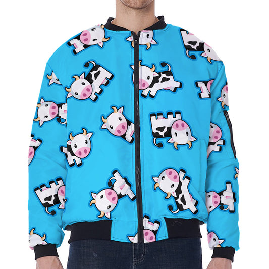 Cute Cartoon Baby Cow Pattern Print Zip Sleeve Bomber Jacket