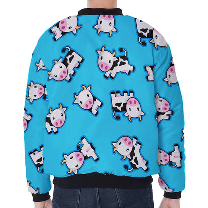 Cute Cartoon Baby Cow Pattern Print Zip Sleeve Bomber Jacket