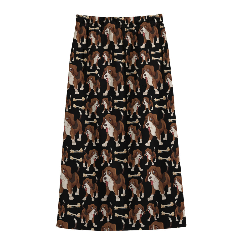 Cute Cartoon Beagle Pattern Print Cotton Front Slit Maxi Skirt