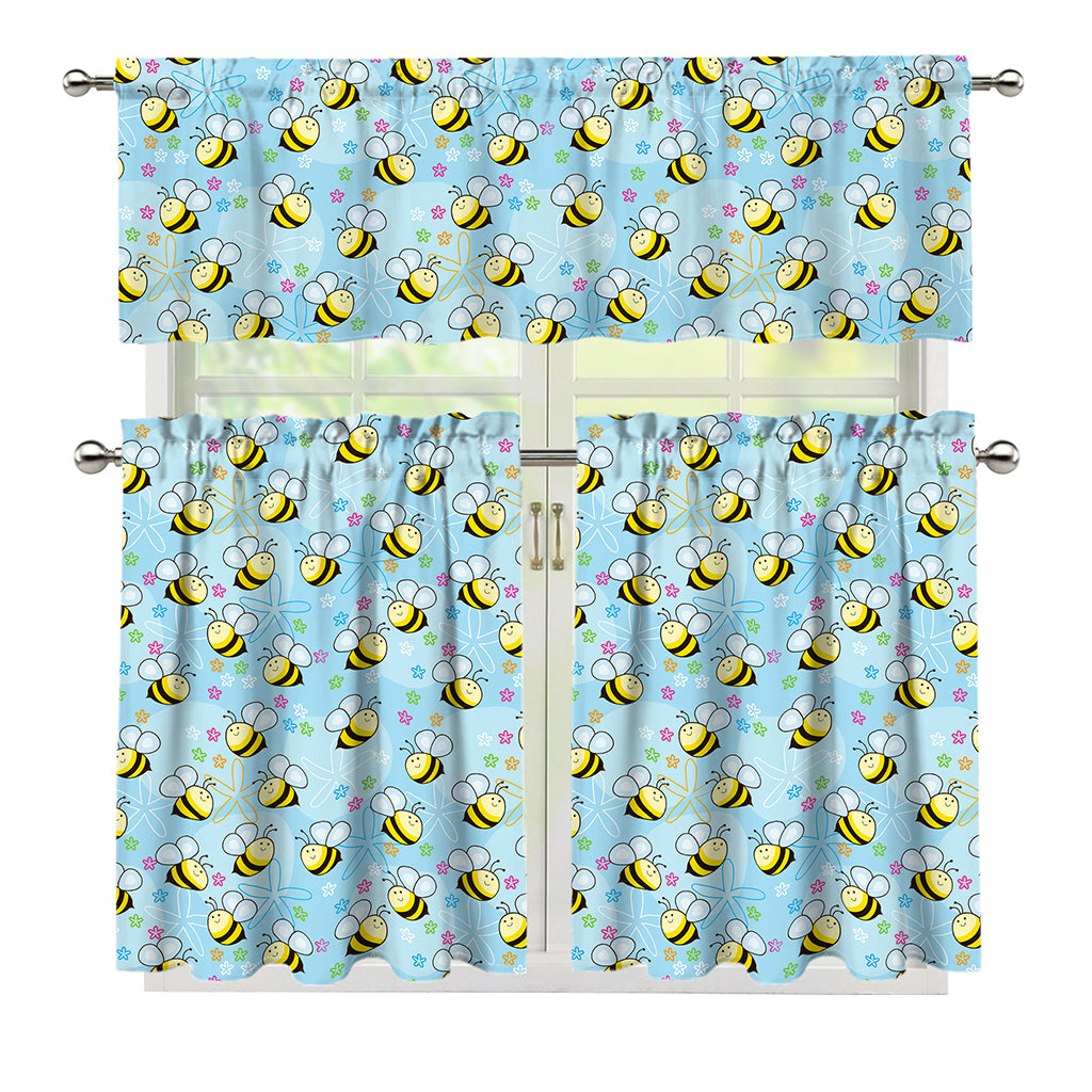 Cute Cartoon Bee Pattern Print 3 Piece Kitchen Curtains