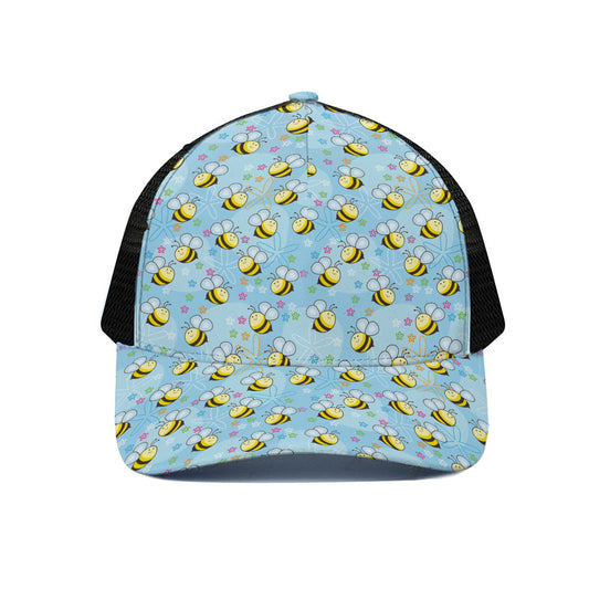 Cute Cartoon Bee Pattern Print Black Mesh Trucker Cap
