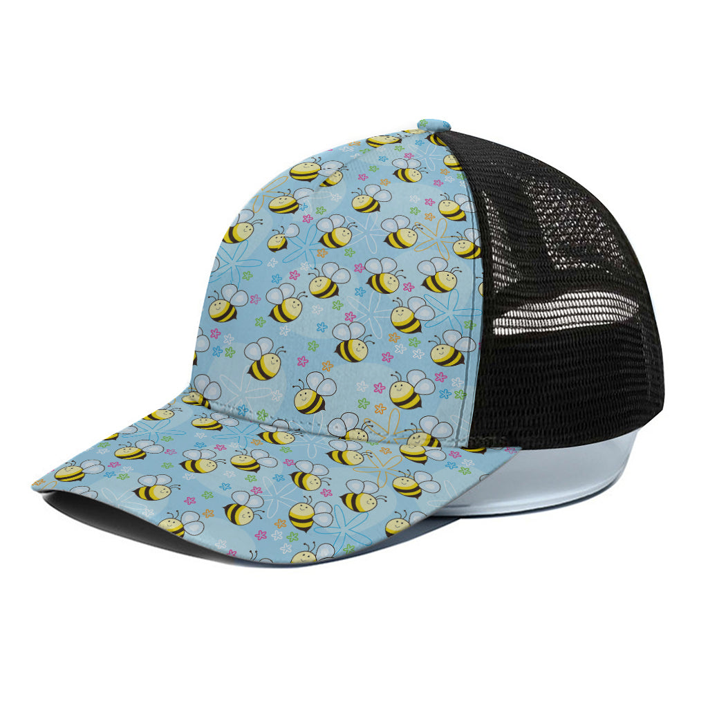 Cute Cartoon Bee Pattern Print Black Mesh Trucker Cap
