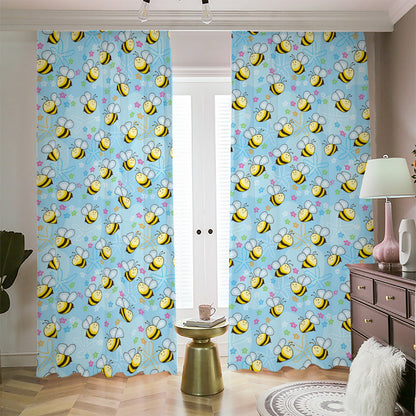 Cute Cartoon Bee Pattern Print Blackout Pencil Pleat Curtains