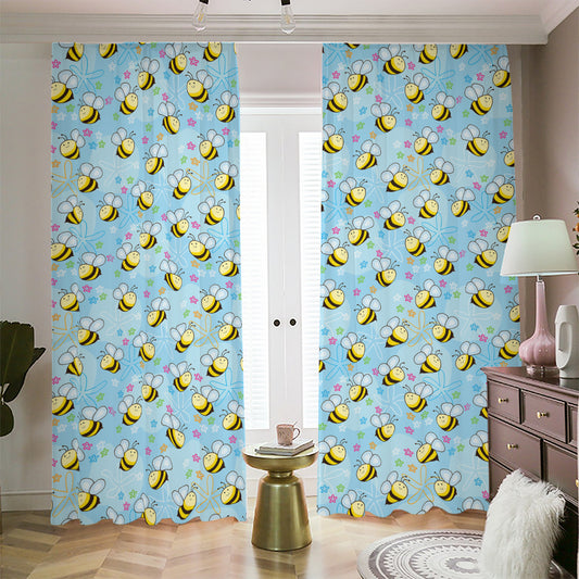 Cute Cartoon Bee Pattern Print Blackout Pencil Pleat Curtains