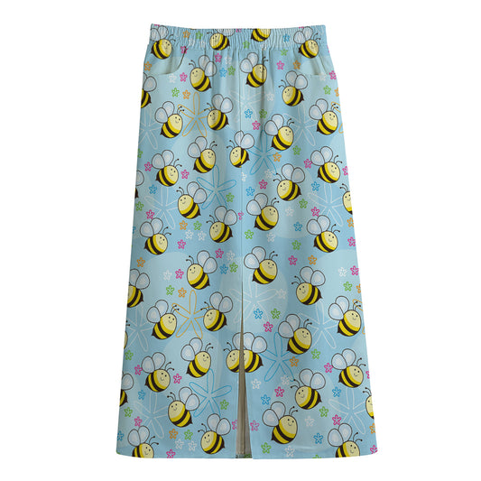 Cute Cartoon Bee Pattern Print Cotton Front Slit Maxi Skirt