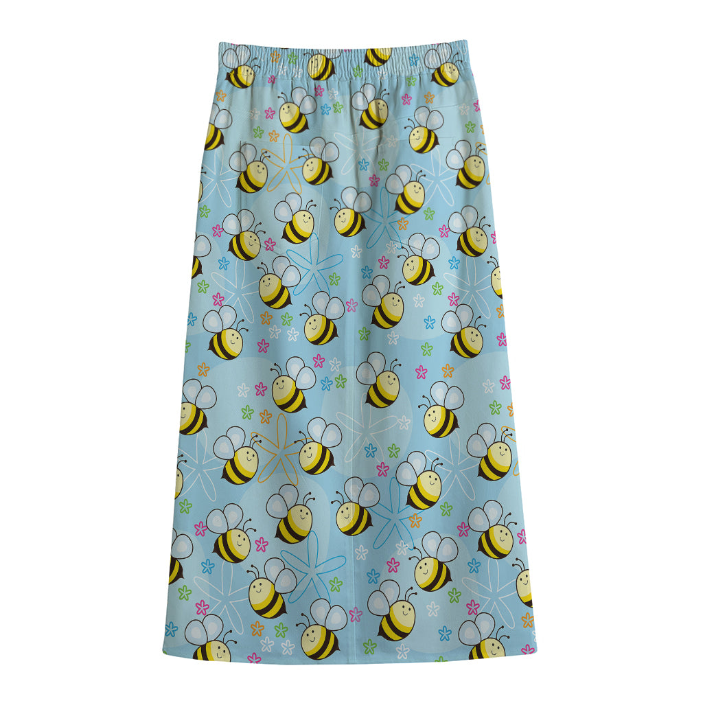 Cute Cartoon Bee Pattern Print Cotton Front Slit Maxi Skirt