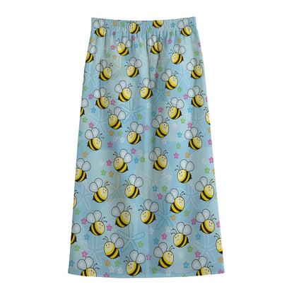 Cute Cartoon Bee Pattern Print Cotton Front Slit Maxi Skirt