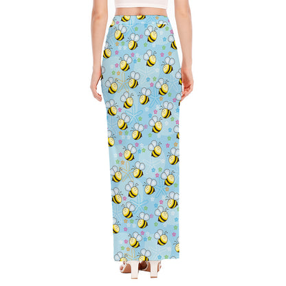 Cute Cartoon Bee Pattern Print High Slit Maxi Skirt
