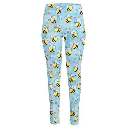 Cute Cartoon Bee Pattern Print High-Waisted Pocket Leggings