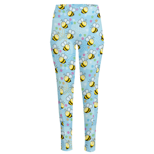 Cute Cartoon Bee Pattern Print High-Waisted Pocket Leggings