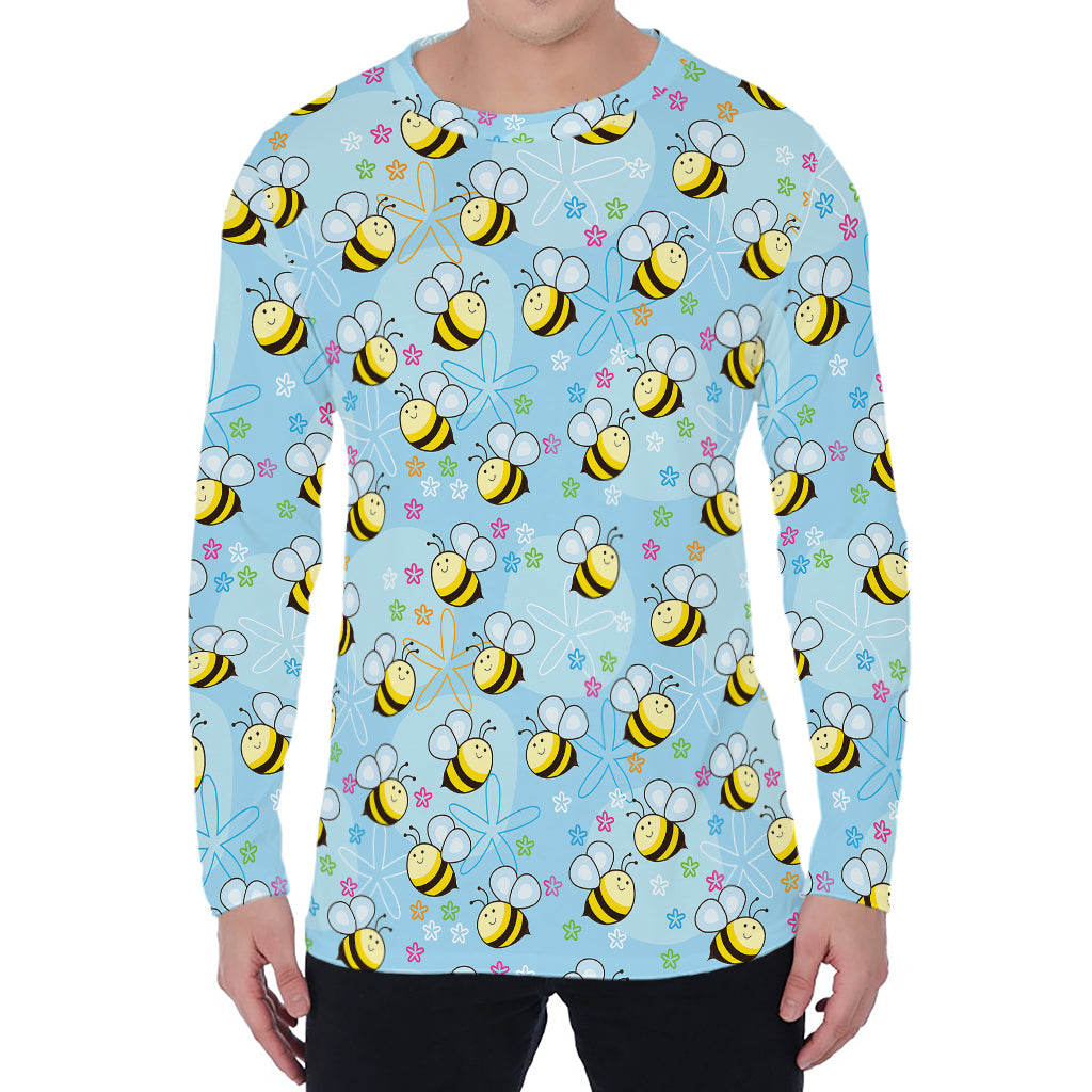 Cute Cartoon Bee Pattern Print Men's Long Sleeve T-Shirt