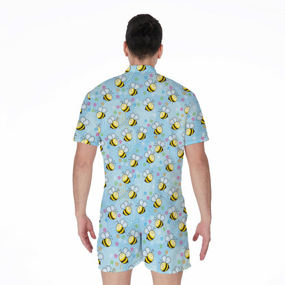 Cute Cartoon Bee Pattern Print Men's Rompers