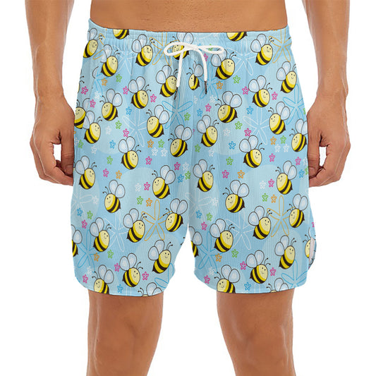 Cute Cartoon Bee Pattern Print Men's Split Running Shorts