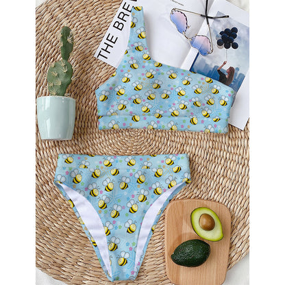 Cute Cartoon Bee Pattern Print One Shoulder Bikini Top