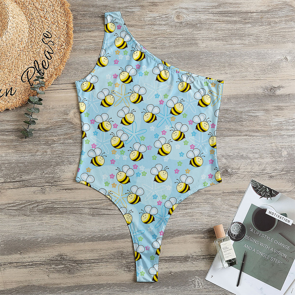 Cute Cartoon Bee Pattern Print One Shoulder Bodysuit