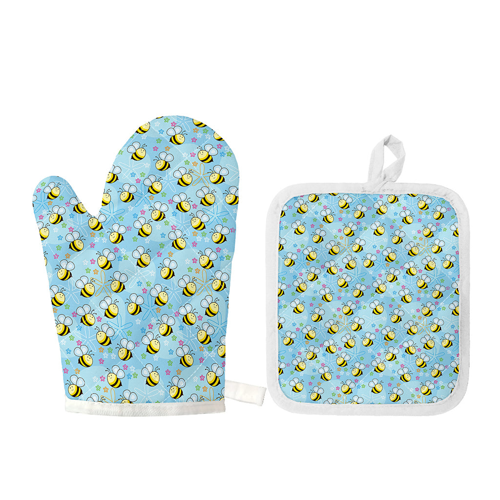 Cute Cartoon Bee Pattern Print Oven Mitt And Pot Holder Set