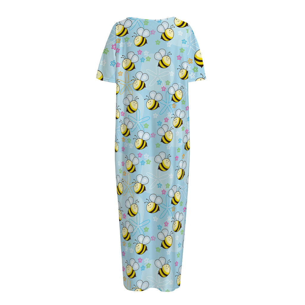Cute Cartoon Bee Pattern Print Short Sleeve Long Nightdress