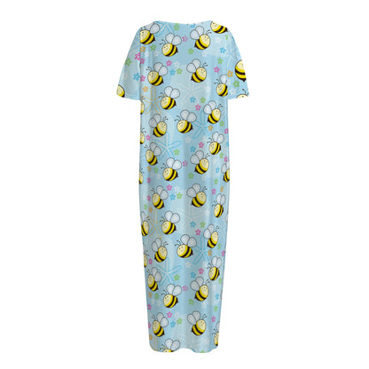 Cute Cartoon Bee Pattern Print Short Sleeve Long Nightdress