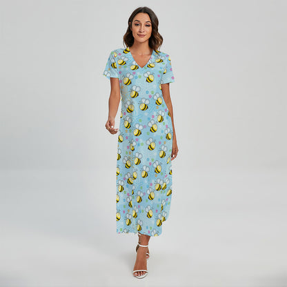 Cute Cartoon Bee Pattern Print Short Sleeve Maxi Dress