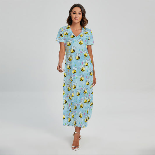 Cute Cartoon Bee Pattern Print Short Sleeve Maxi Dress