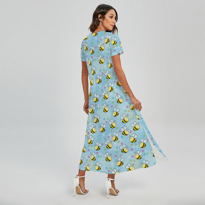 Cute Cartoon Bee Pattern Print Short Sleeve Maxi Dress