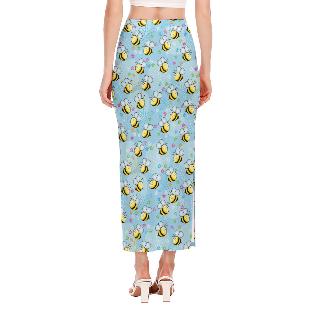 Cute Cartoon Bee Pattern Print Side Slit Maxi Skirt