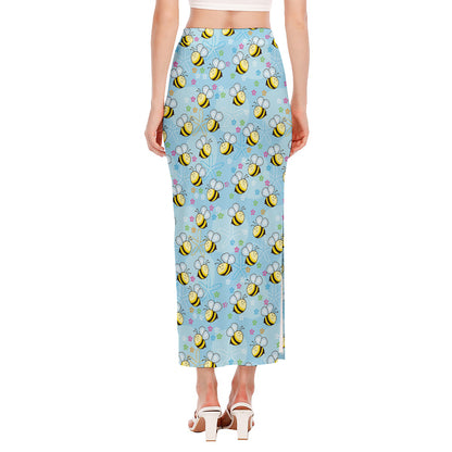 Cute Cartoon Bee Pattern Print Side Slit Maxi Skirt
