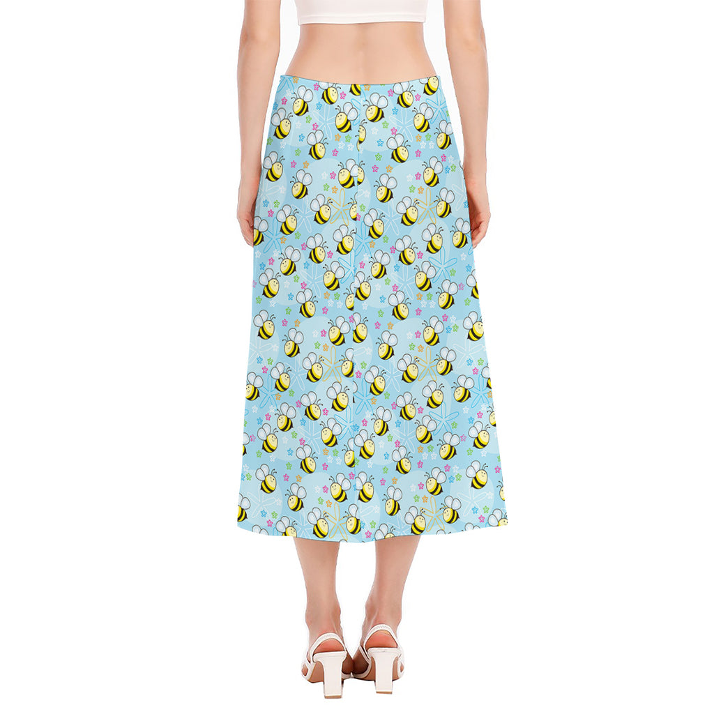 Cute Cartoon Bee Pattern Print Side Slit Midi Skirt