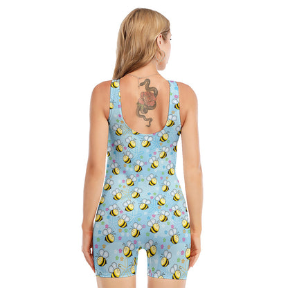 Cute Cartoon Bee Pattern Print Sleeveless One Piece Swimsuit