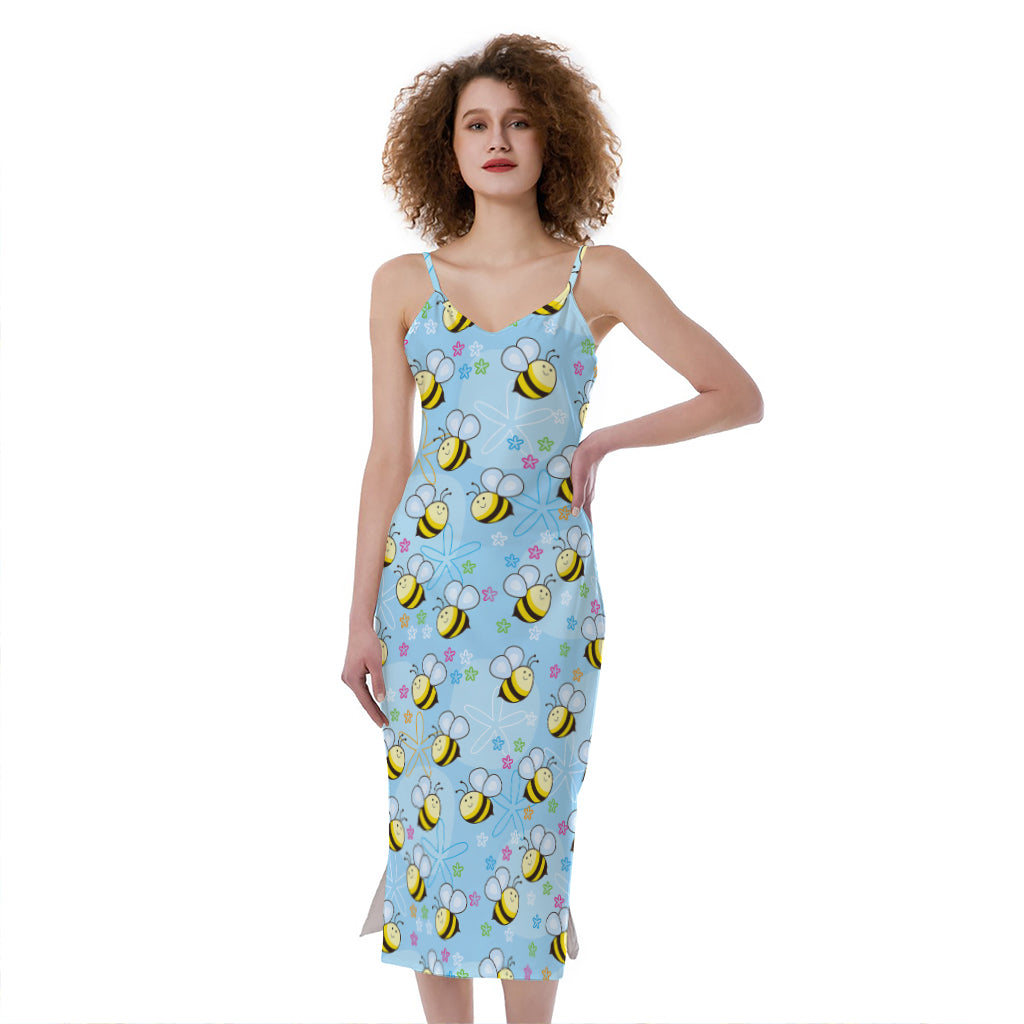 Cute Cartoon Bee Pattern Print Slim Fit Midi Cami Dress