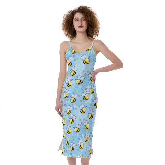 Cute Cartoon Bee Pattern Print Slim Fit Midi Cami Dress